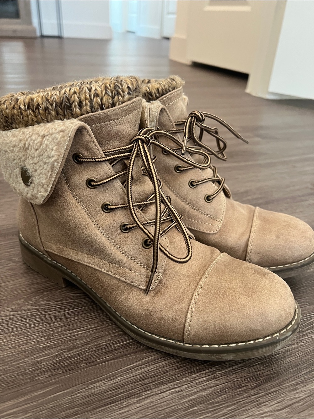 Cliffs by WHITE MOUNTAIN Taupe Suede Lace-Up Ankle Boots with Knit Collar